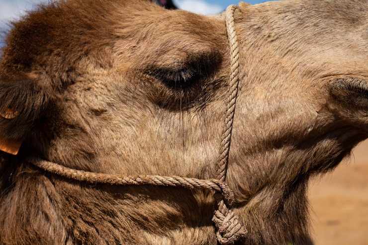 Foto close-up da cabeça de um jovem camelo animal do deserto com tiras de laço de pele castanha