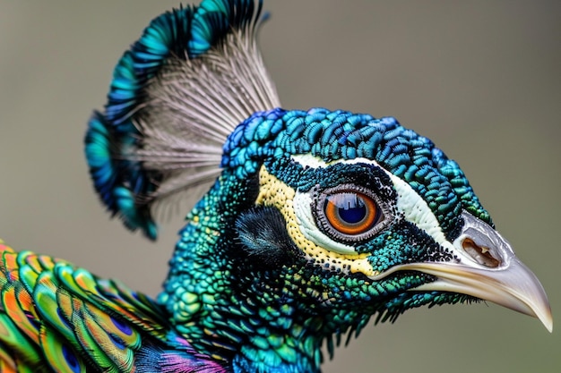 Close-up da cabeça de um pavão ou peru indiano exótico plumagem paradisíaca pavo cristatus