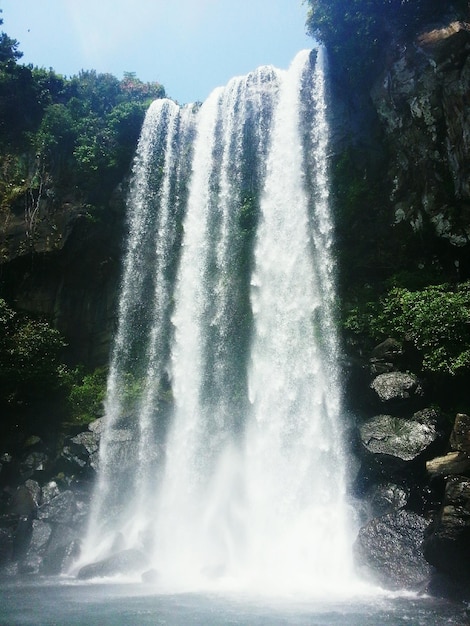 Close-up da cachoeira contra as árvores