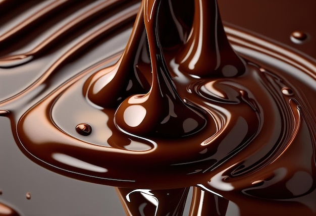 close up da calda de chocolate que flui no fundo branco com uma profundidade de campo rasa