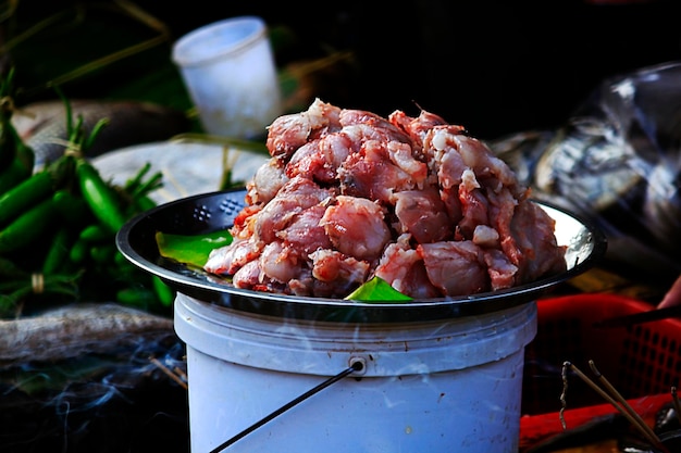 Close-up da carne no recipiente