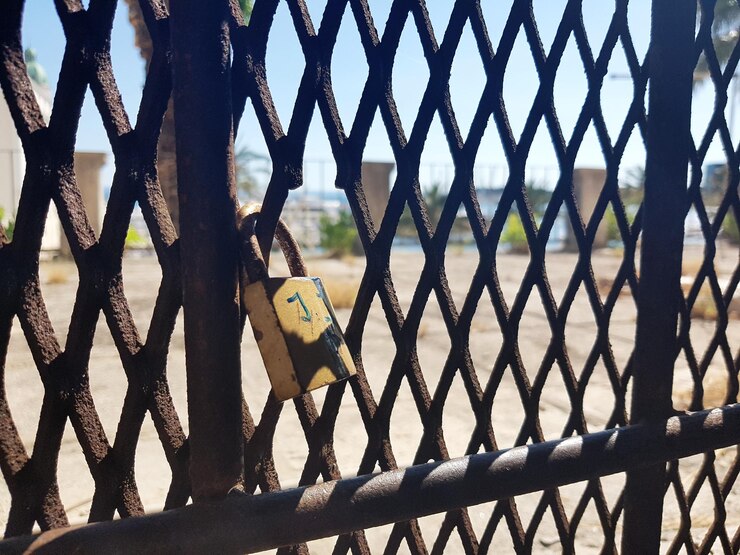 Foto close-up da cerca de liga de cadeia contra o corrimão