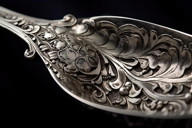 Close up da colher de prata antiga com detalhes intrincados visíveis criados com generative ai