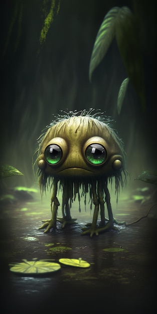 Close-up da criatura de aparência caricatural com olhos verdes generativa ai