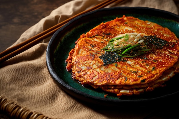 Close-up da culinária sul-coreana Kimchi Jeon Kimchi Pancake em um prato redondo de cerâmica com pano