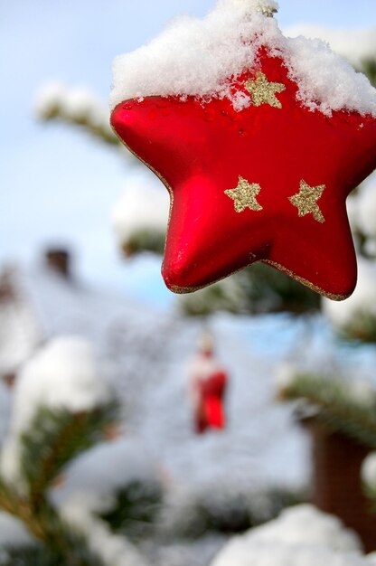 Close-up da decoração na árvore de Natal coberta de neve