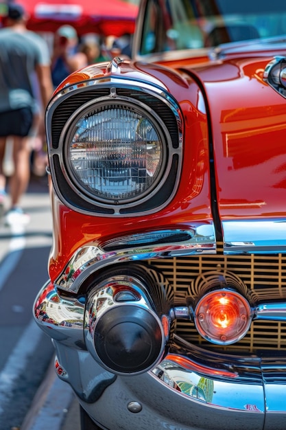Foto close-up da frente de um carro vermelho adequado para promoções da indústria automotiva