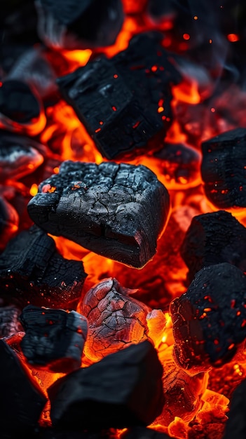 Close-up da grelha com carvão quente Cozinhar calor Churrasco Fogo ao ar livre Grelhar Carvões Chamas Fumaça de verão