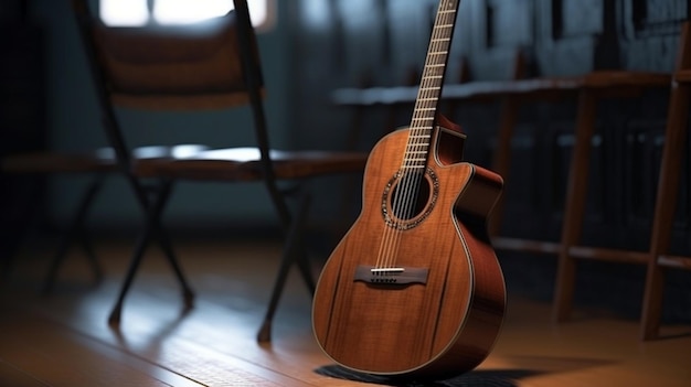 close-up da guitarra dramaticamente iluminado em um fundo preto com espaço de cópia