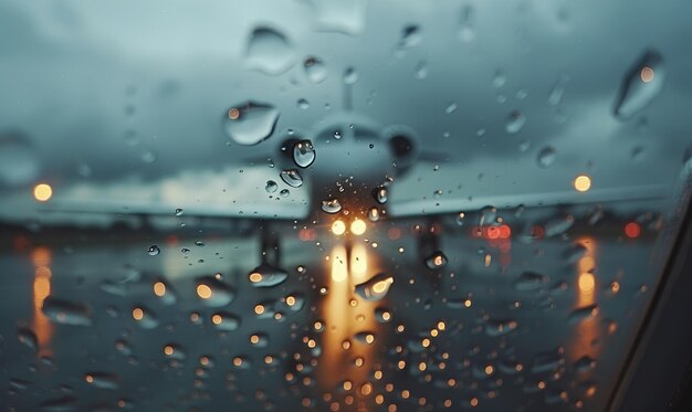 Foto close-up da janela do avião com gotas de chuva ala desfocada no fundo gerar ai