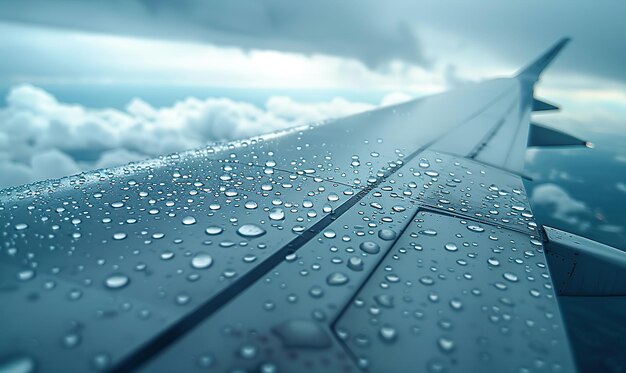 Foto close-up da janela do avião com gotas de chuva ala desfocada no fundo gerar ai