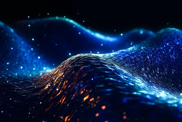 Close-up da linha de rede de fluxo de conexão com onda de partículas representando tecnologia da informação em fundo escuro AI generativo
