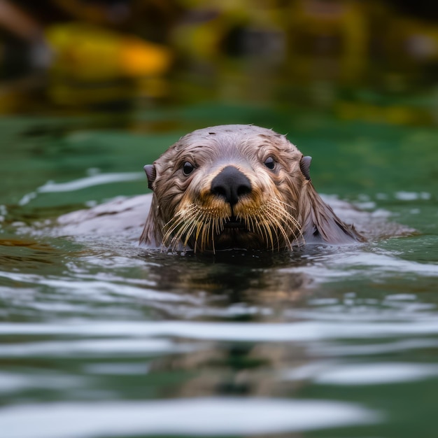 Close-up da lontra do mar nadando no corpo de água com a cabeça acima da superfície da água Generative AI