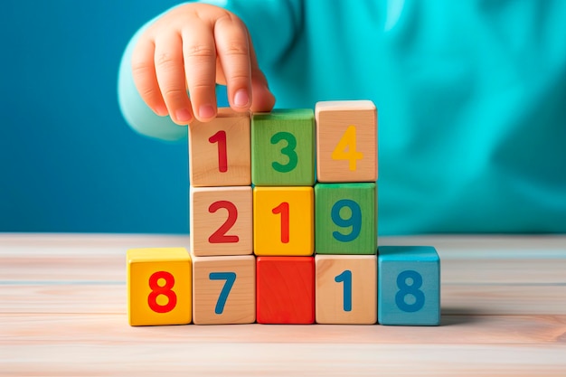 close-up da mão de uma criança pegando um bloco de brinquedo de madeira com fundo de quarto infantil