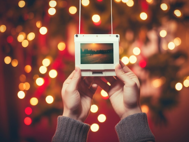 Close-up da mão de uma pessoa segurando uma foto de banner em branco estilo Polaroid em um ambiente de Natal