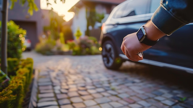 Foto close-up da mão do homem com smartwatch no fundo borrado do carro