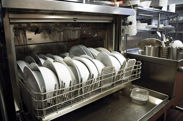 Close up da máquina de lavar louça industrial com pratos e utensílios visíveis criados com generative ai