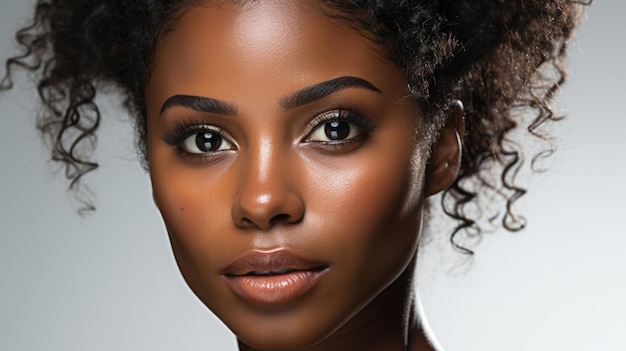 Close-up da modelo africana maquiagem pele lisa cabelo encaracolado conceito editorial de moda