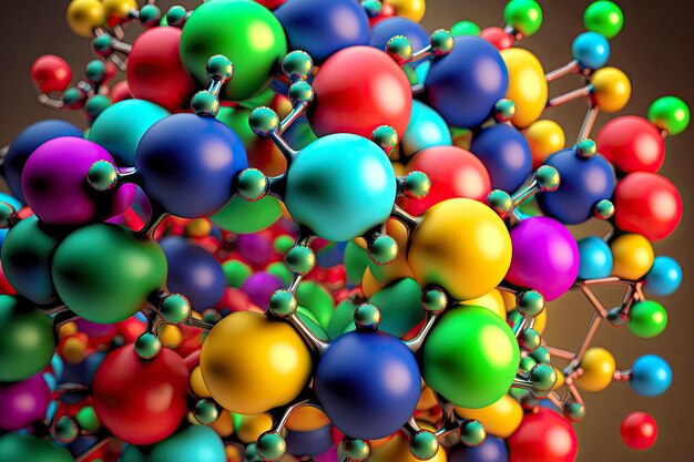 Foto close up da molécula que consiste em átomos interconectados multicoloridos