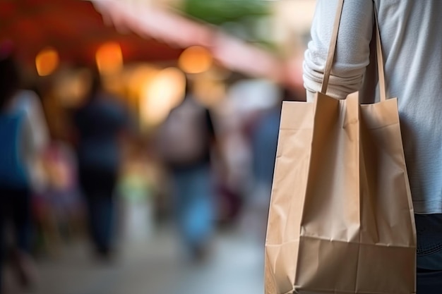 Close-up da mulher segurando sacolas de compras no shopping Closeup visão traseira de uma pessoa segurando a sacola de compras AI Generated