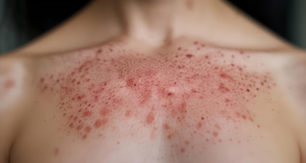 Close-up da pele com manchas vermelhas, possivelmente acne ou erupção cutânea