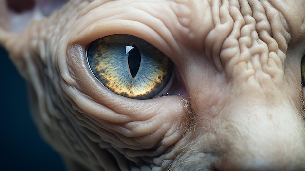 Close-up da pele enrugada única de um gato Sphynx e olhos intensos dando uma aura misteriosa