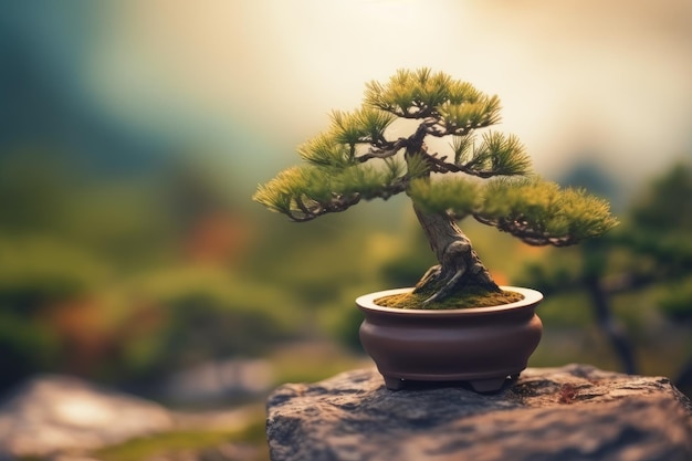 Close-up da pequena árvore de bonsai com fundo desfocado Generative AI