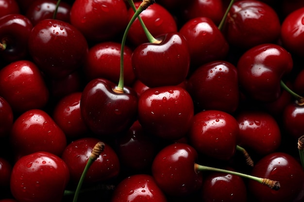 Foto close-up da pilha de cerejas maduras com caules e folhas fundo de cerejas maduras ai gerado