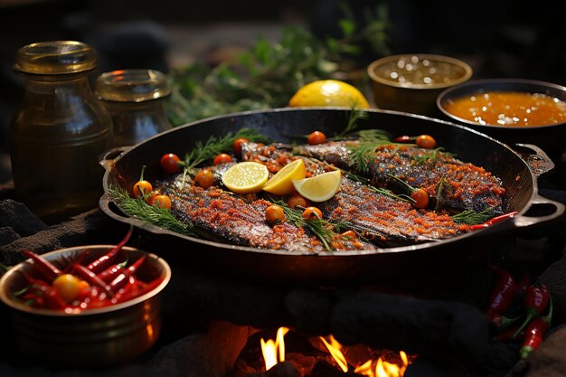 Foto close-up da preparação de curry de peixe de goa