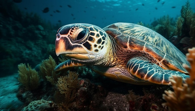 Close-up da tartaruga marinha ameaçada nadando em recifes subaquáticos tranquilos gerados por inteligência artificial