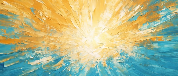 Close-up da textura de pintura de explosão de sol de ouro azul bruto abstrato com faca de palete de pincel de óleo