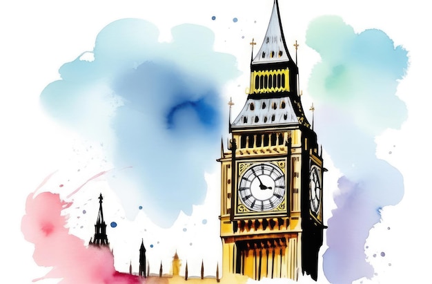 Close-up da torre Big Ben em Londres ilustração em aquarela para o conceito de viagem de cartão postal