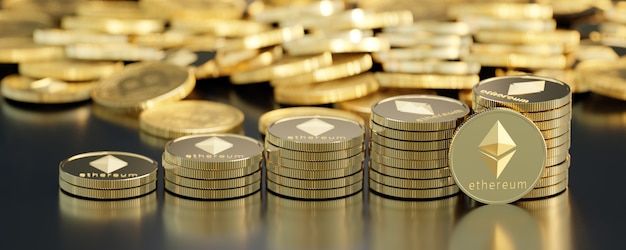 Close up da vista superior de ethereum e bitcoin pilha de fundo preto de moedas de ouro. Renderização de ilustração 3D.