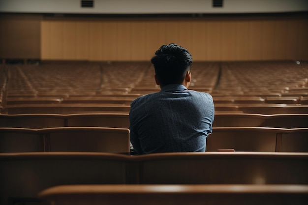 close-up da vista traseira de um estudante triste sentado sozinho em uma sala de aula