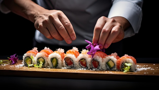 Close-up das mãos de um chef decorando o rolo de sushi