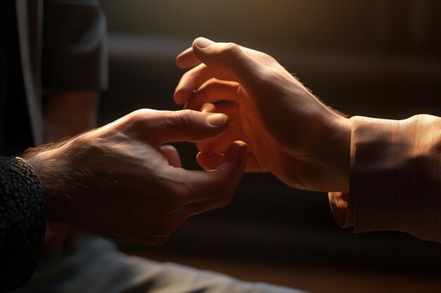 Foto close-up das mãos de um mentor e um mentee em uma ai generativa