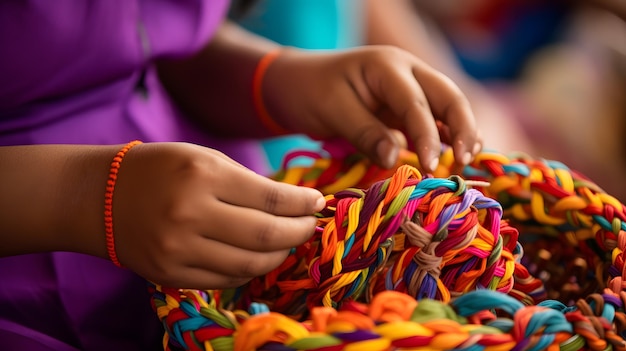 Close-up das mãos de uma criança indiana com elásticos coloridos trançados