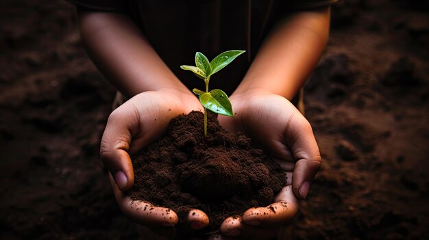 Close-up das mãos de uma criança segurando uma planta jovem com fundo de solo Conceito do Dia da Terra Plantio de Solo