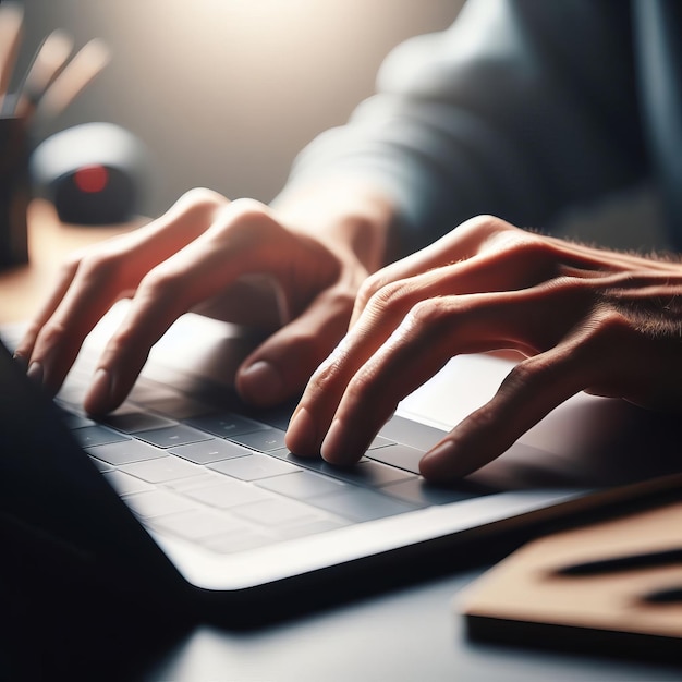 Close-up das mãos de uma pessoa a digitar num teclado de portátil Trabalho remoto em casa