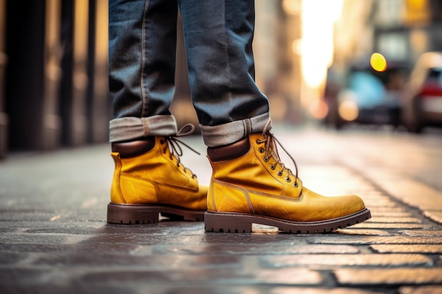 Close-up das pernas do homem em jeans cinza e botas de couro amarelas mostrando moda masculina