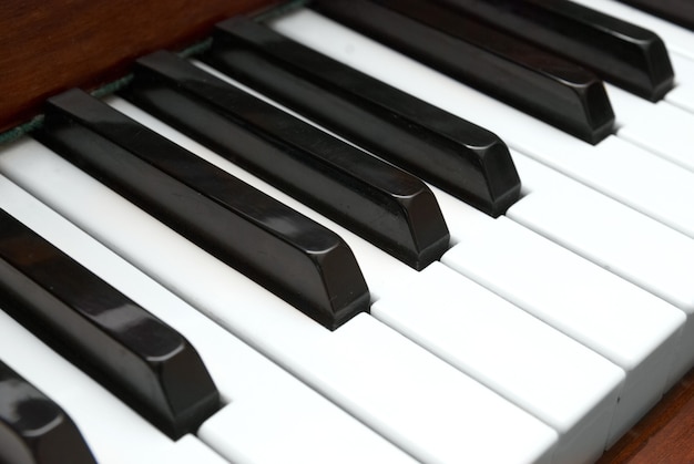 Close up das teclas de piano em preto e branco