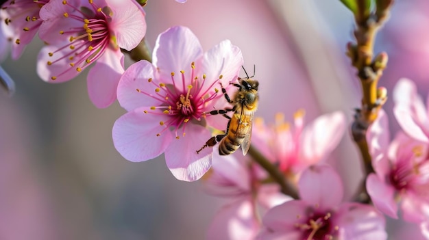 Close-up de abelhas em flores de cereja rosa suave fundo de primavera macro natural