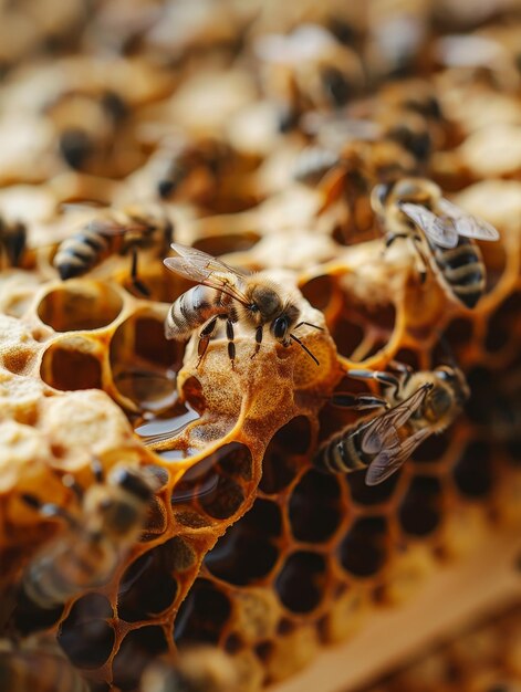 Close-up de abelhas em um favo de mel com gotas de mel brilhantes contra um fundo amarelo vibrante