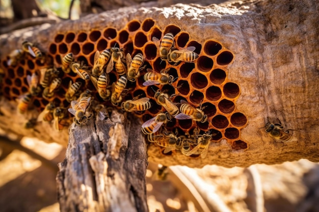 Close-up de abelhas selvagens em um favo de mel em uma cavidade de árvore criada com AI generativa