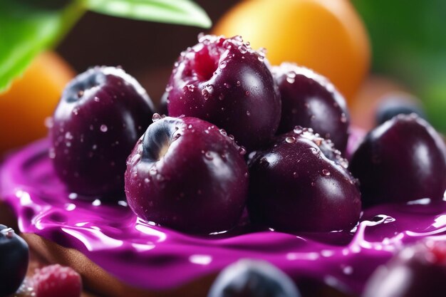 Foto close-up de açaí salpicado em conceito de baga de fundo colorido