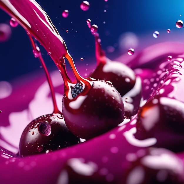 Foto close-up de açaí salpicado em conceito de baga de fundo colorido