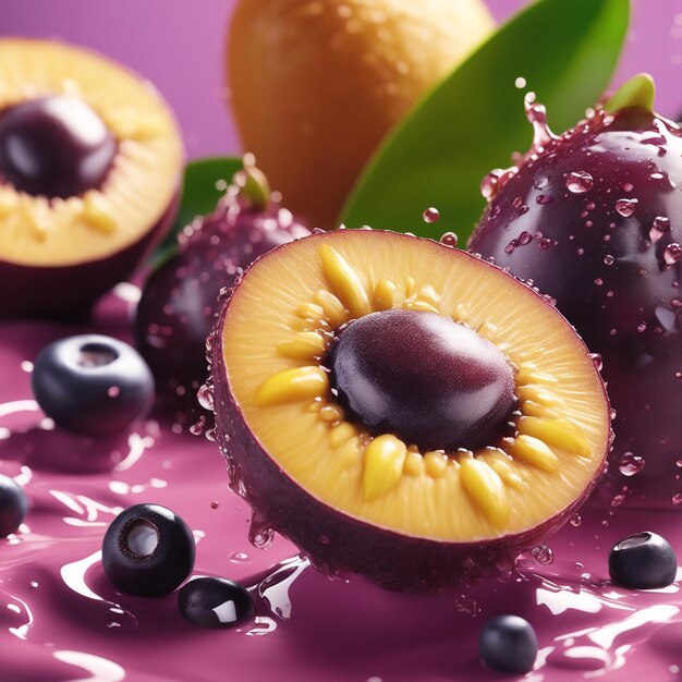 close-up de açaí salpicado em conceito de baga de fundo colorido