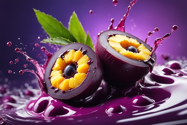 Foto close-up de açaí salpicado em conceito de baga de fundo colorido