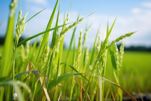 Close-up de aglomerados de plantas maduras de arroz