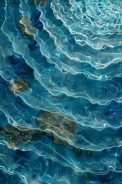 Close-up de água azul elétrica com padrão de rocha refletindo no líquido
